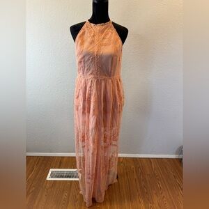 Magnolia Peach Lace halter top jumpsuit with maxi skirt
